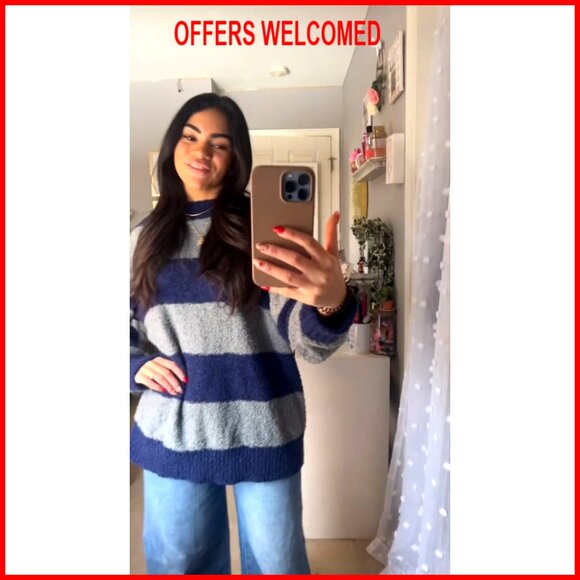 Oversized Striped Pullover Sweater, Crewneck Knit Top, Long Sleeve - Picture 6 of 7